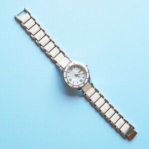 Vintage 90s Bongo Cream Enamel & Silver Link Watch – Pearl Face Y2K Vibes